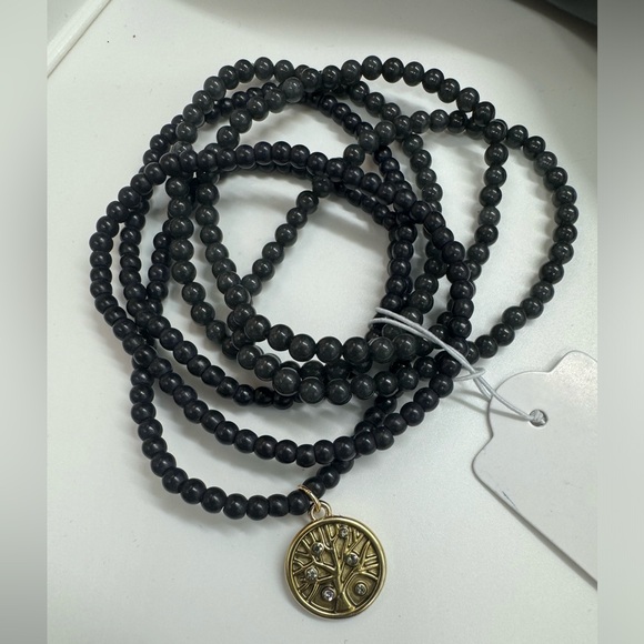 Set of 6 Stretch Black and Grey Beaded Bracelets with Tree Of Life Charm - Picture 4 of 13